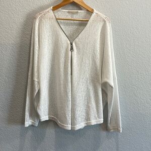 Joan Vass White Slub Jersey Knit V Neck Dolman Sleeve Zip Sweater Size Large